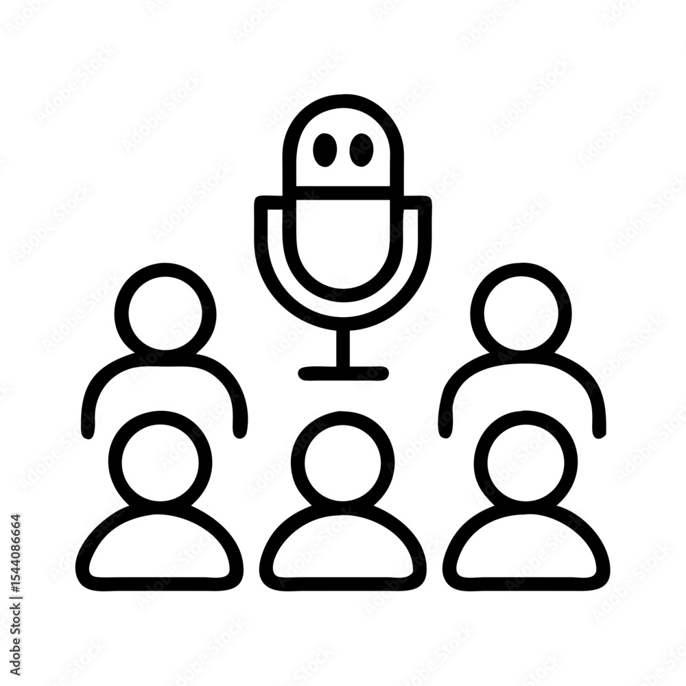 Poster podcast event with microphone and audience icon vector illustration for live streaming broadcast des
