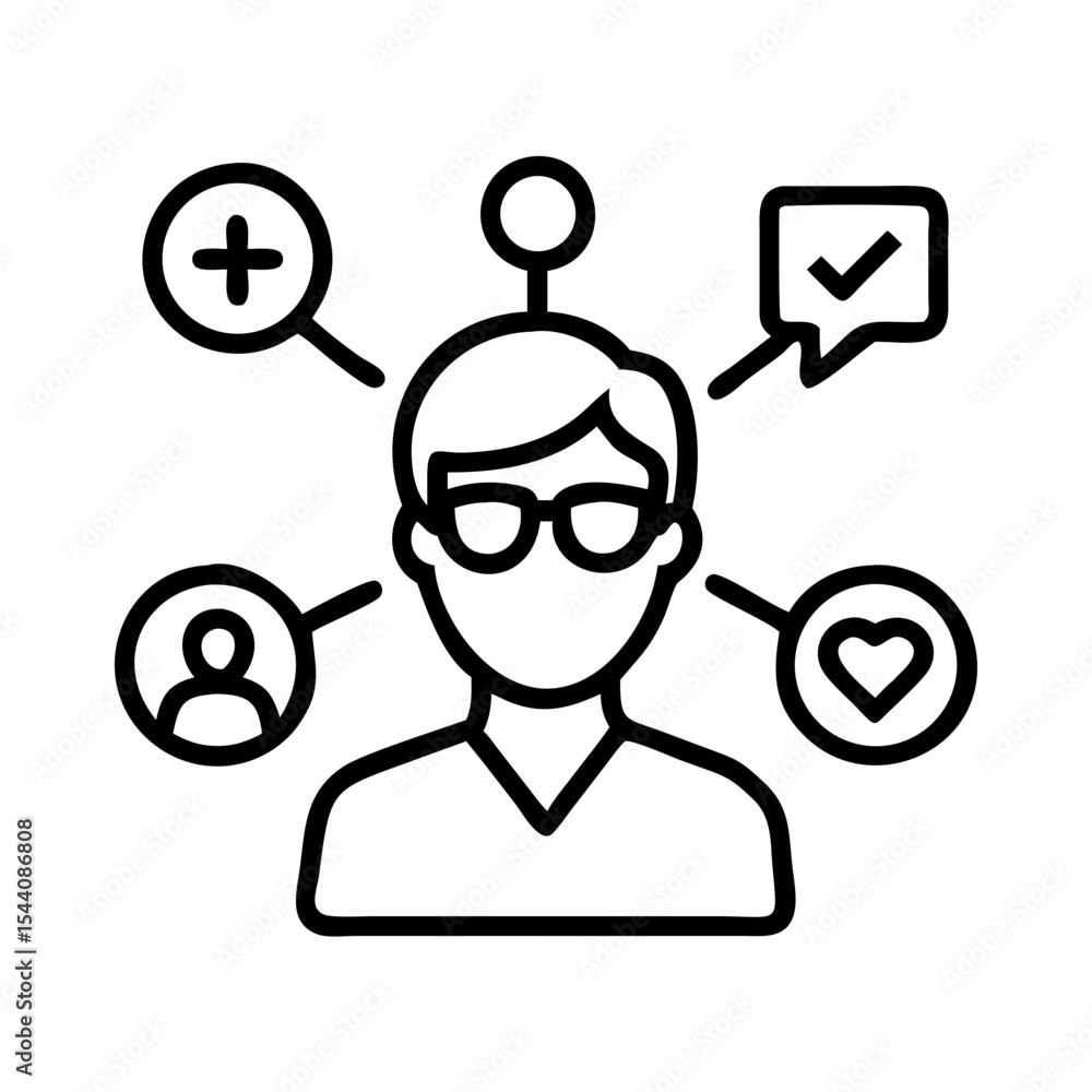 Poster person with ideas and attributes vector icon for user profile and personal development concept desig