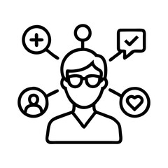 Person with ideas and attributes vector icon for user profile and personal development concept design