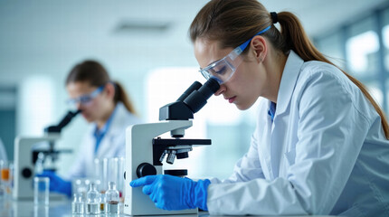 Female scientist with microscope working in a laboratory