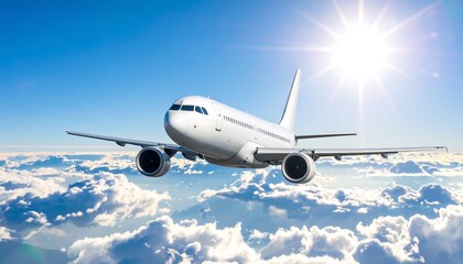 Obraz premium A gleaming passenger jet gracefully ascends through a vibrant blue sky filled with billowing clouds.