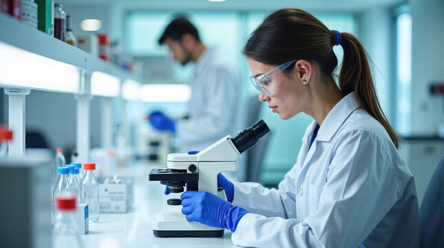 Female scientist with microscope working in a laboratory