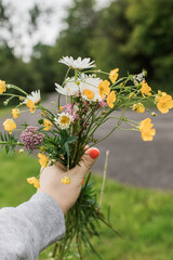 a women's hand with bright nail polish holding a wildflower bouquet picked on a walk in the wilderness 