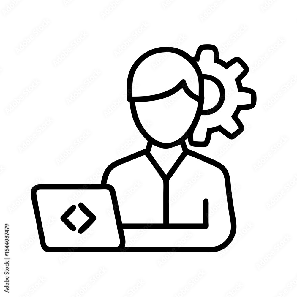 Poster illustration of software engineer developer coding with laptop and gear for website and app design