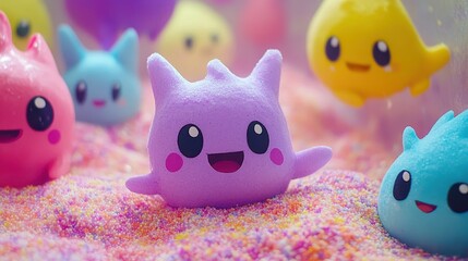 Playful, colorful creatures in a sugary landscape.