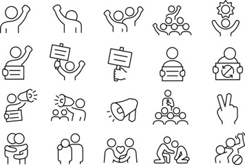 Thin line icon set of protest demonstration activism solidarity unity community crowd. Pixel perfect icons, editable stroke.