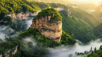 Misty mountain peak, dense forest, rocky outcrops. Sunrise light