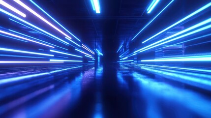 Neon Blue Light Tunnel, Futuristic Digital Art