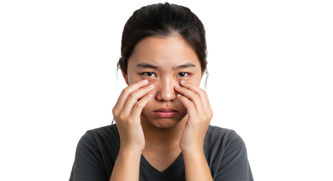 Asian Woman Touching Eyes Showing Sadness Isolated on White.