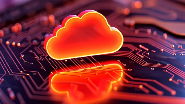 Cloud Computing on Circuit Board: A glowing red cloud icon rests on a detailed circuit board, symbolizing the power and connectivity of cloud computing.