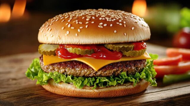 Cheeseburger with fresh lettuce, tomatoes, onions, pickles and melted cheese on the table, gourmet fast food, restaurant menu. Burning fire at the background