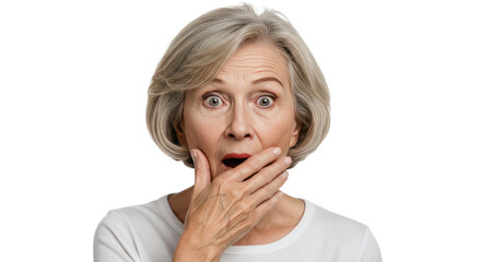 Astonished Senior Woman with Short Gray Hair Covering Mouth in Shock.