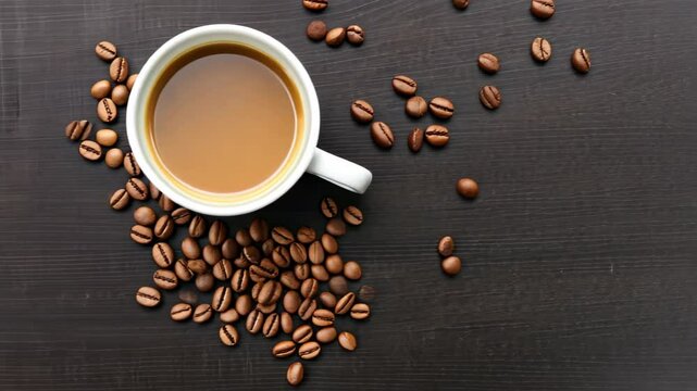 Brewed Moments: A minimalist, top-down view unveils a porcelain cup of coffee, embraced by scattered roasted coffee beans.