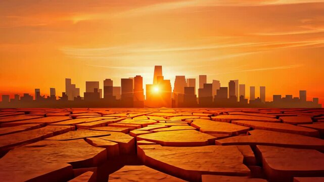 Apocalyptic Cityscape: The silhouette of a sprawling cityscape stands starkly against a fiery sunset, the parched earth in the foreground hinting at environmental challenges.