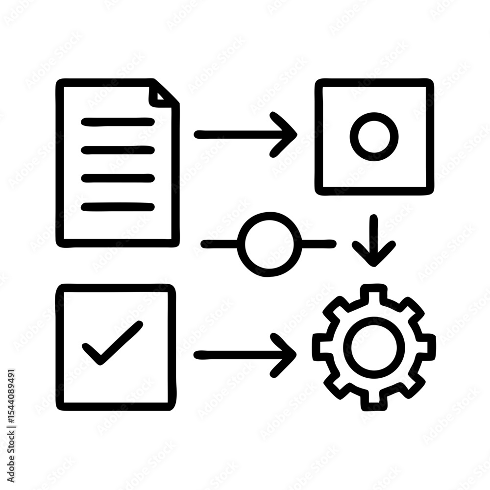 Poster workflow process diagram automation system with document check and gear mechanism outline icon