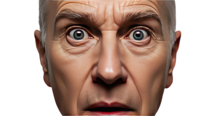 Closeup of a mans face with wide startled eyes.