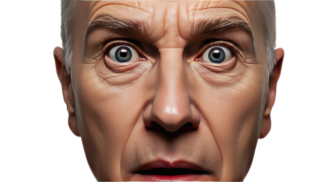 Closeup of a mans face with wide startled eyes.