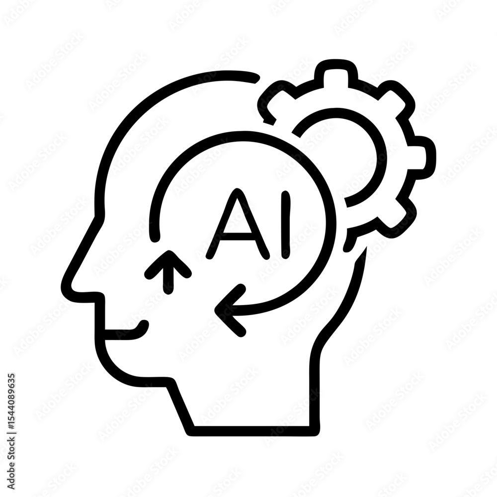 Poster ai artificial intelligence machine learning concept with head gear and arrows for automation tech