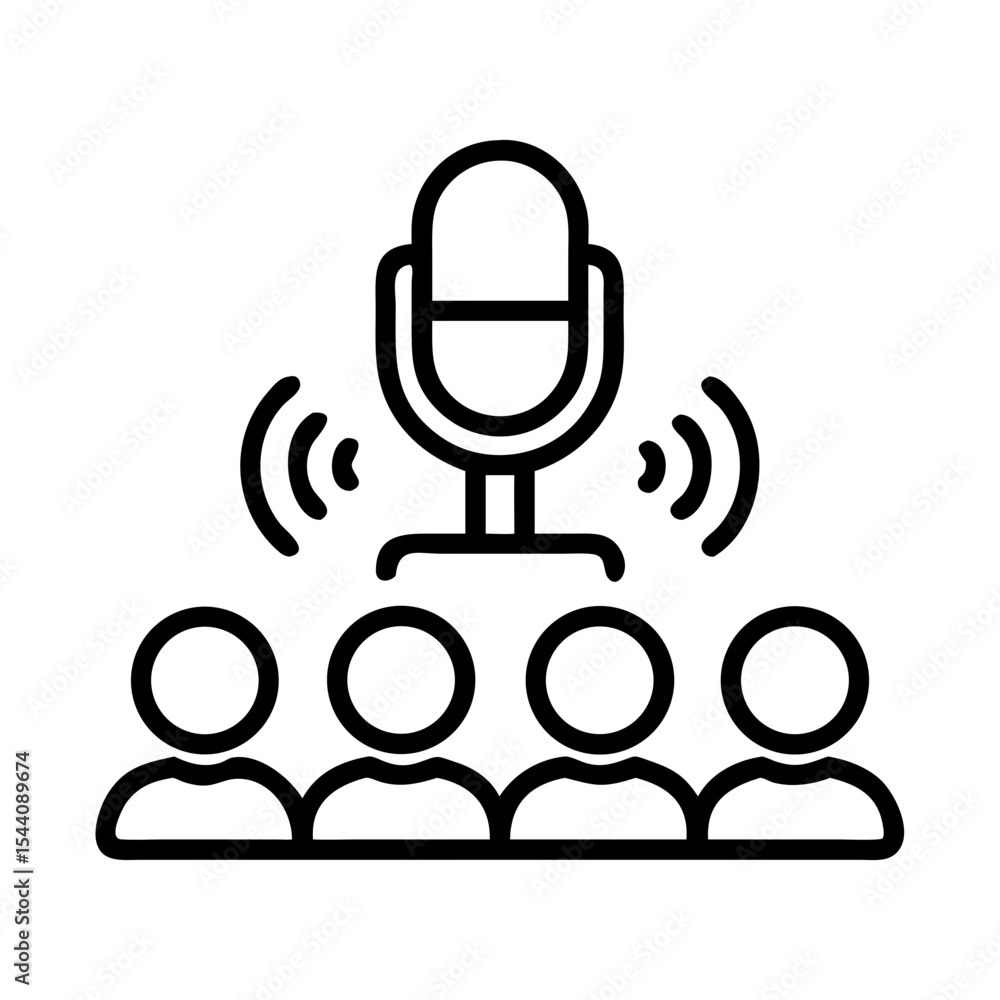 Poster find a podcast speaker event with microphone and crowd icon for public speaking and live stream even