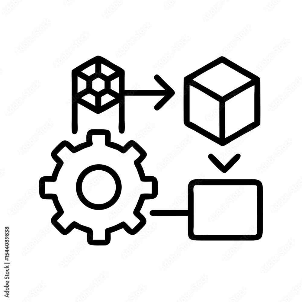 Poster workflow automation process diagram showing gear, cube, and arrow for business process design flow