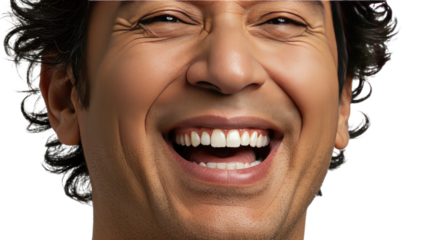 Closeup of a Mans Joyful Open Mouth Laugh Showing Healthy White Teeth.