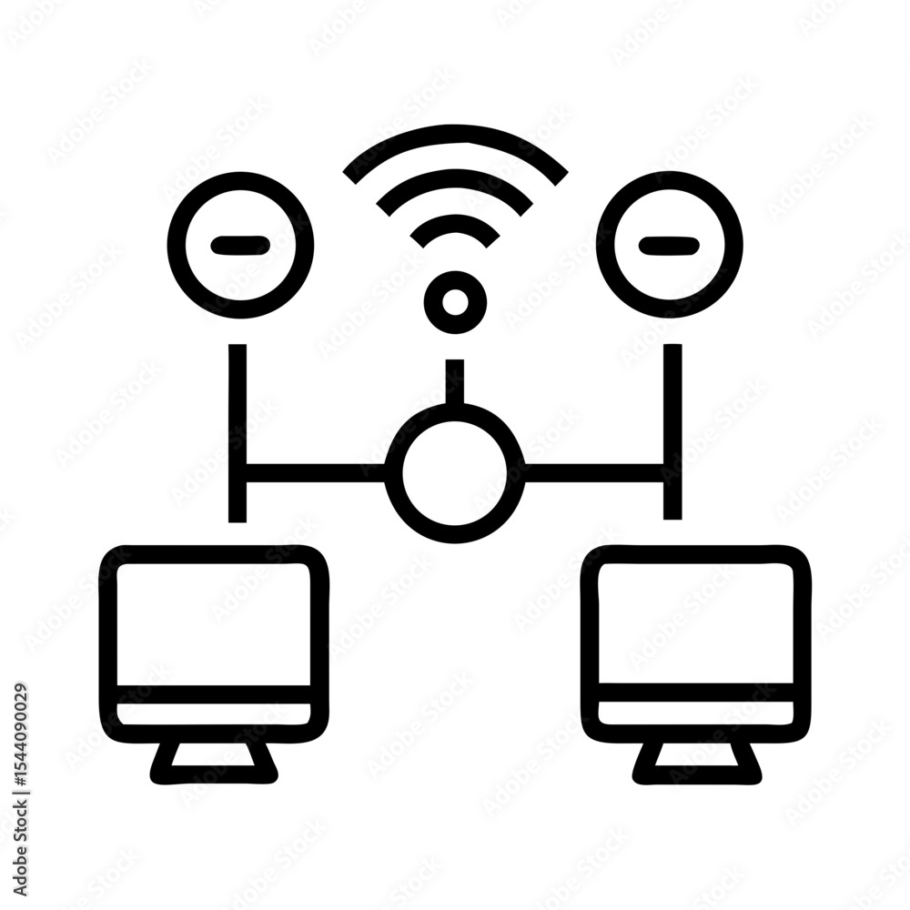 Poster Network connection diagram showing computers connected via wifi with server and firewall icons