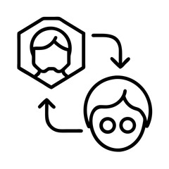 Transformation process icon showing change management and personal development with arrows and faces