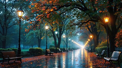 Autumnal park path bathed in rain-lit light
