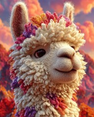 Obraz premium Colorful Alpaca Portrait Fluffy White Coat with Multicolored Accents against Autumnal Background