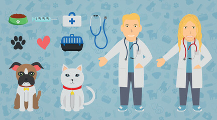 Veterinarian Illustration Set - Human Characters of White Man and Woman Veterinary Doctors, Pet Bulldog Dog and White Cat, Veterinary Items and Background.