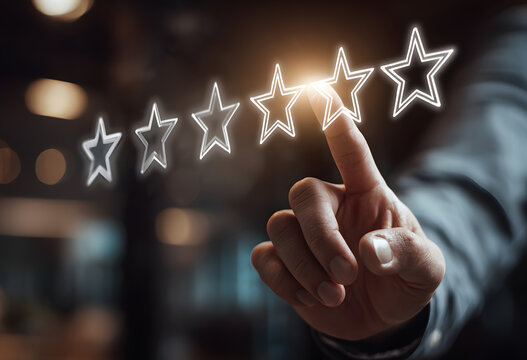 Hand Touching Star Icons on Screen, Representing Customer Satisfaction and Quality Assurance in Business Solutions 