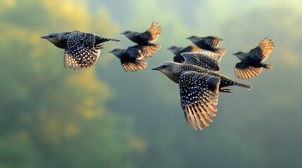 Fototapeta premium A Flock of Migratory Songbirds Flying In Formation Over a Tropical Forest Ecosystem With Early Morning Light and Vibrant Biodiversity Showing Wings In Motion