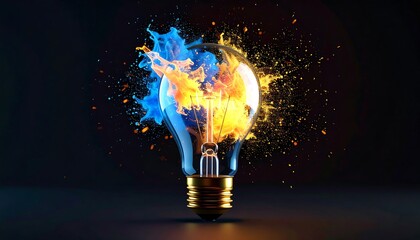 A conceptual image showing a lightbulb exploding with blue and yellow energy on a dark background.