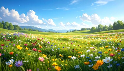 Fototapeta premium A vibrant meadow filled with colorful wildflowers under a sunny blue sky during a serene summer day.