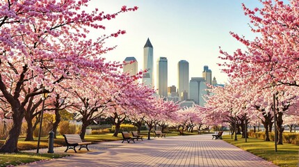 Pink cherry blossoms line a city park path, with a modern skyline in the background