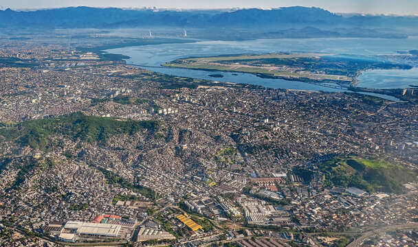 Aerial view of the Leopoldina suburbs, Penha, Olaria and Ramos and part of the Guanabara Bay, Rio de Janeiro, Brazil, Dec. 2022