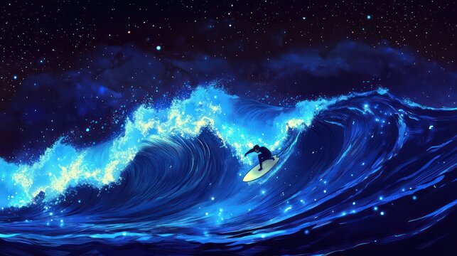 A bold cartoon of a surfer riding a glowing, bioluminescent wave at night, with a starry sky above