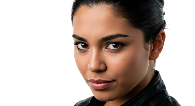 Closeup Portrait of a Young Woman with Dark Hair and Brown Eyes.