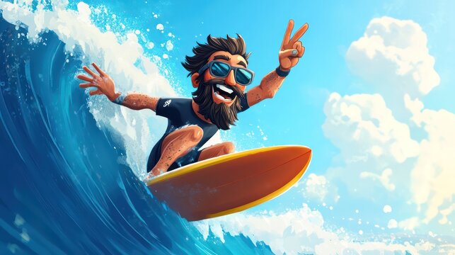 A cartoon surfer dude hanging loose on a wave, with exaggerated hand gestures and a laid-back vibe