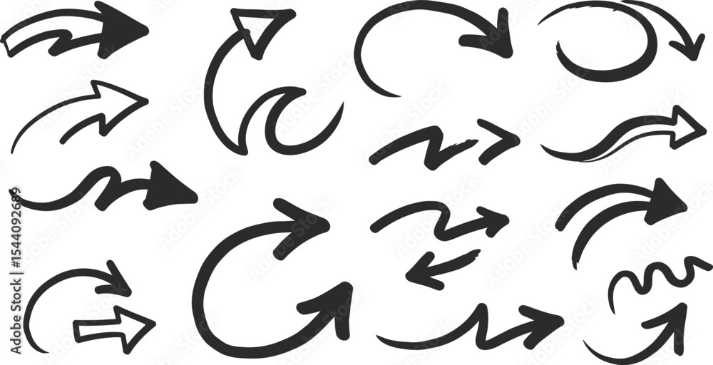 Poster black and white hand drawn arrows set different shapes and style - ai generative