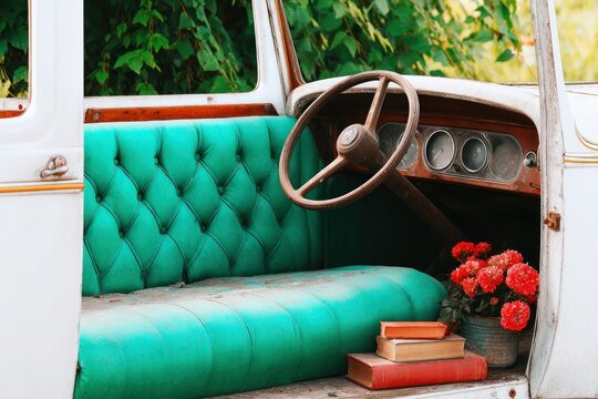Fototapeta Rustic Vintage Car Interior with Teal Upholstery