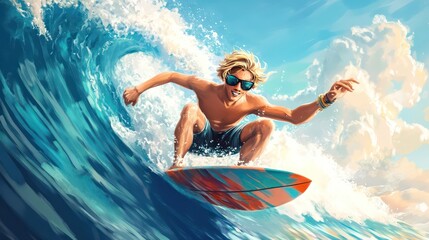 A chill cartoon surfer dude with messy blonde hair and sunglasses, riding a massive wave on a colorful surfboard