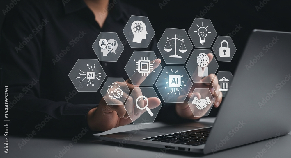 Poster Person interacting with ai icons hovering over laptop screen in a dark setting showing technology