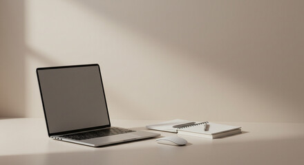 Minimalist workspace setup with laptop notebook and mouse for productivity and remote work concept