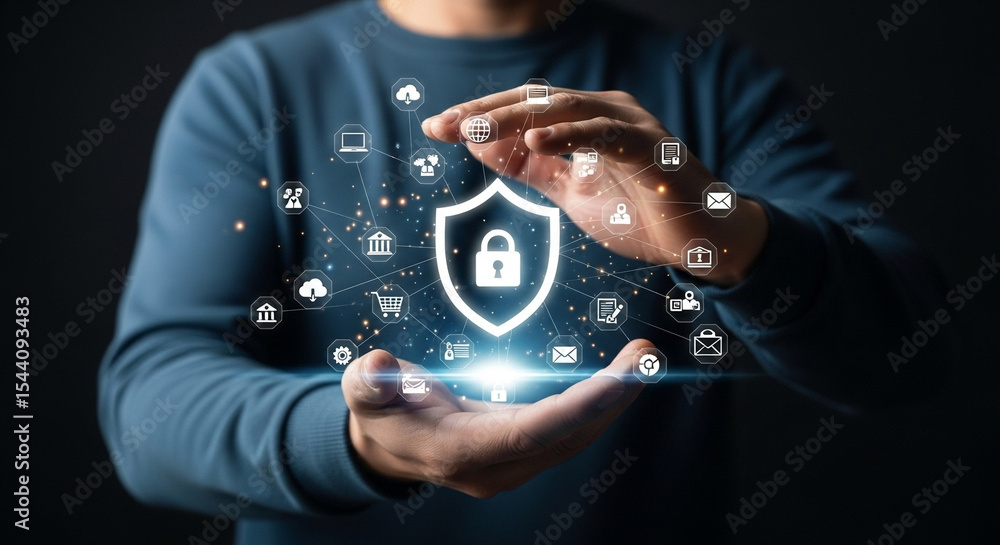 Poster Man holding digital shield with padlock and connected icons representing data security online safety
