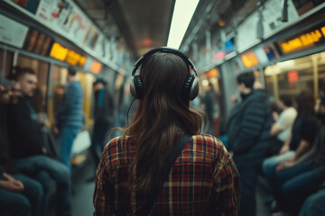 Woman with long hair and headphones standing in a crowded subway train, facing away from the camera, surrounded by seated and standing passengers.