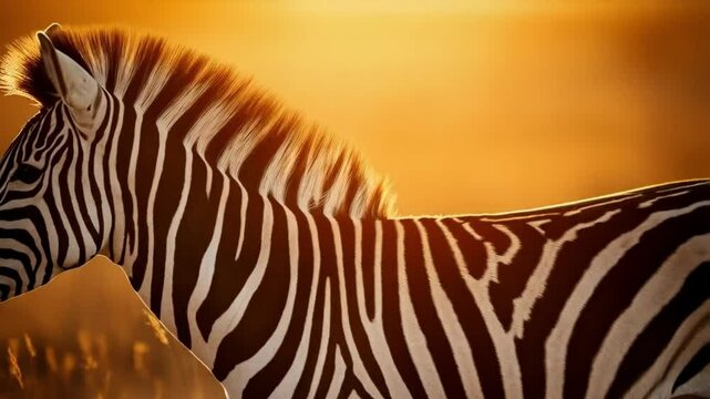 A zebra standing in a field with a bright orange background during the sunset light hour scene video