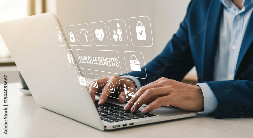 Aufkleber a person types on a laptop with employee benefits icons floating above the keyboard interface shown
