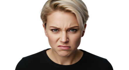 Displeased Woman with Short Blonde Hair and Frowning Expression.