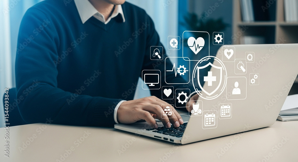 Poster person using laptop with healthcare icons overlayed on screen in a bright office setting view